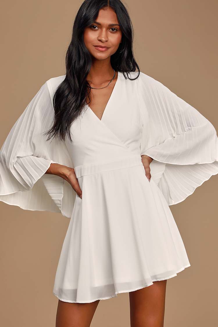 White Skater Dress - Pleated Bell Sleeve Dress - Surplice Dress - Lulus
