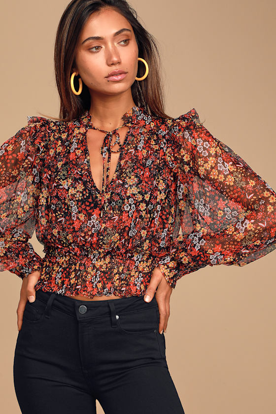 Twyla Sheer Black Floral Print Smocked Long Sleeve Crop Top 1