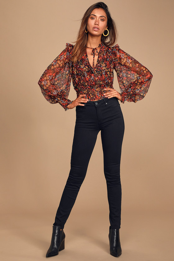 Free People Twyla - Sheer Black Floral Print Top - Crop Top