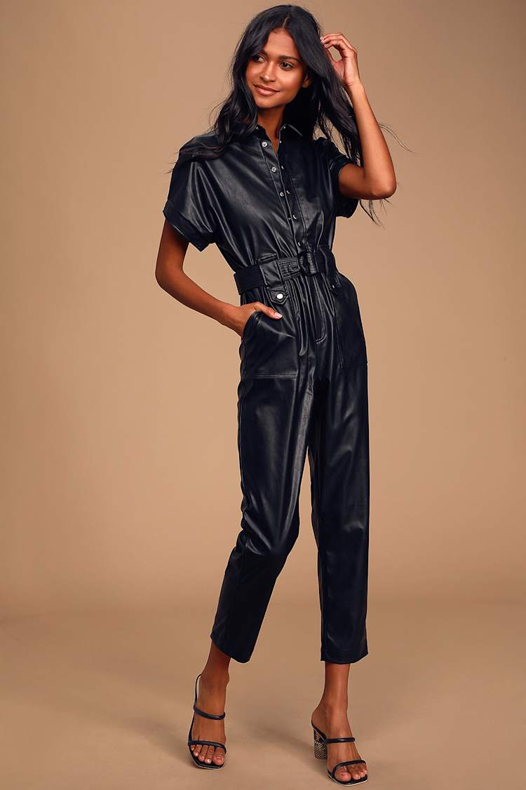 Bardot Leather Jumpsuit - Belted - Jumpsuit - Lulus