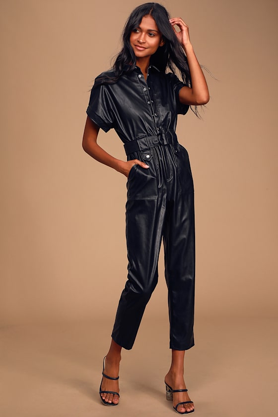 Bardot Vegan Leather Jumpsuit Black Belted Jumpsuit Jumpsuit Lulus