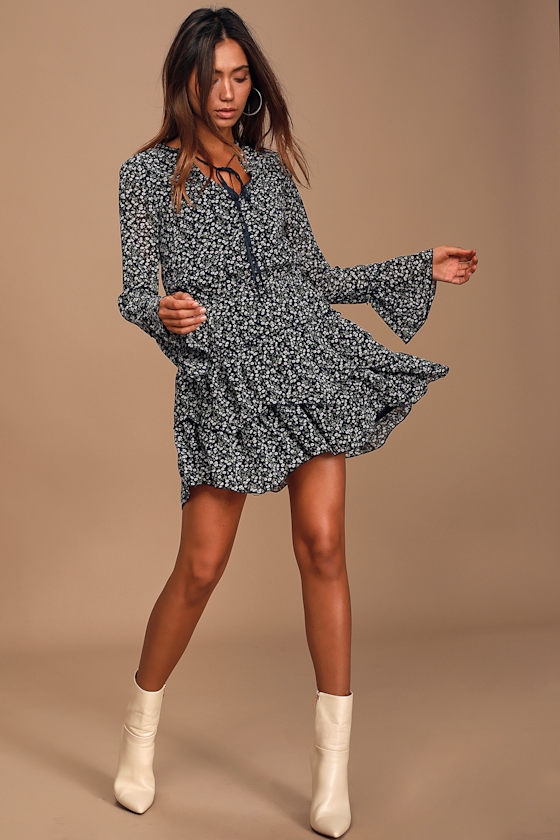 Cute Navy Blue Floral Dress - Ruffled Dress - Long Sleeve Dress - Lulus