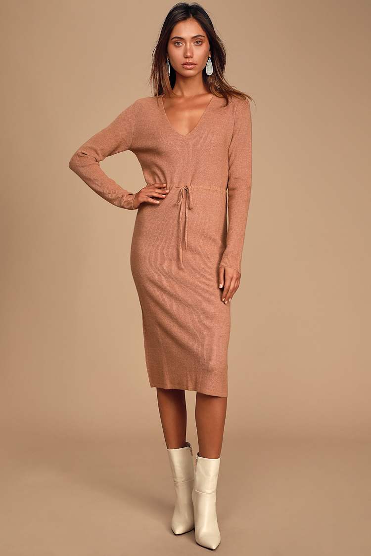 knee length dresses for ladies Baltic Born Womens Marika Ribbed Dress | Camel + Black Stripe main image 1