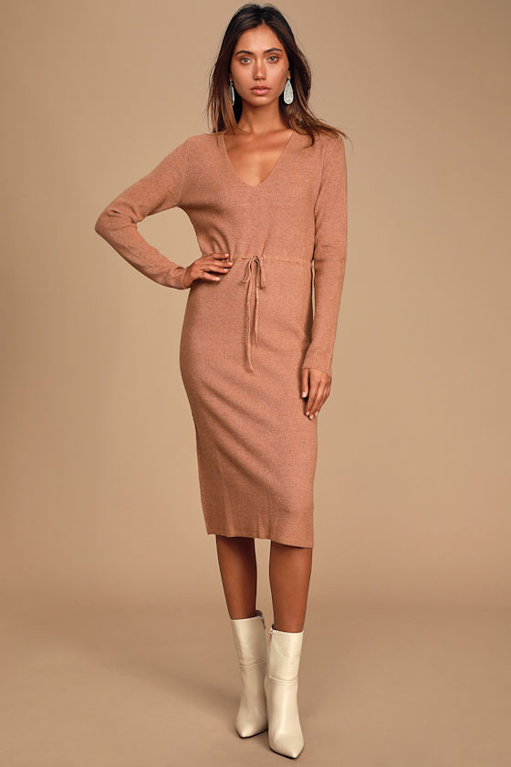 Cute Camel Brown Dress Sweater Dress TieFront Sweater Dress Lulus