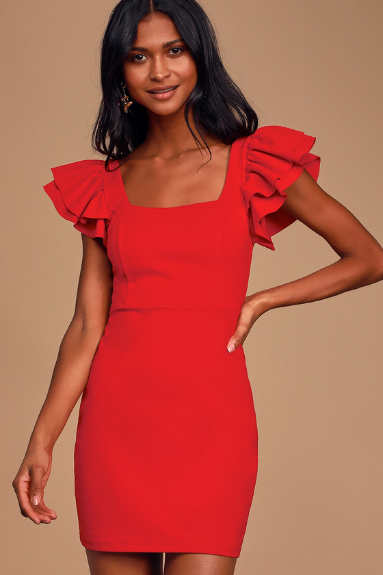 Sexy Red Dress - Bodycon Dress - Ruffle ...