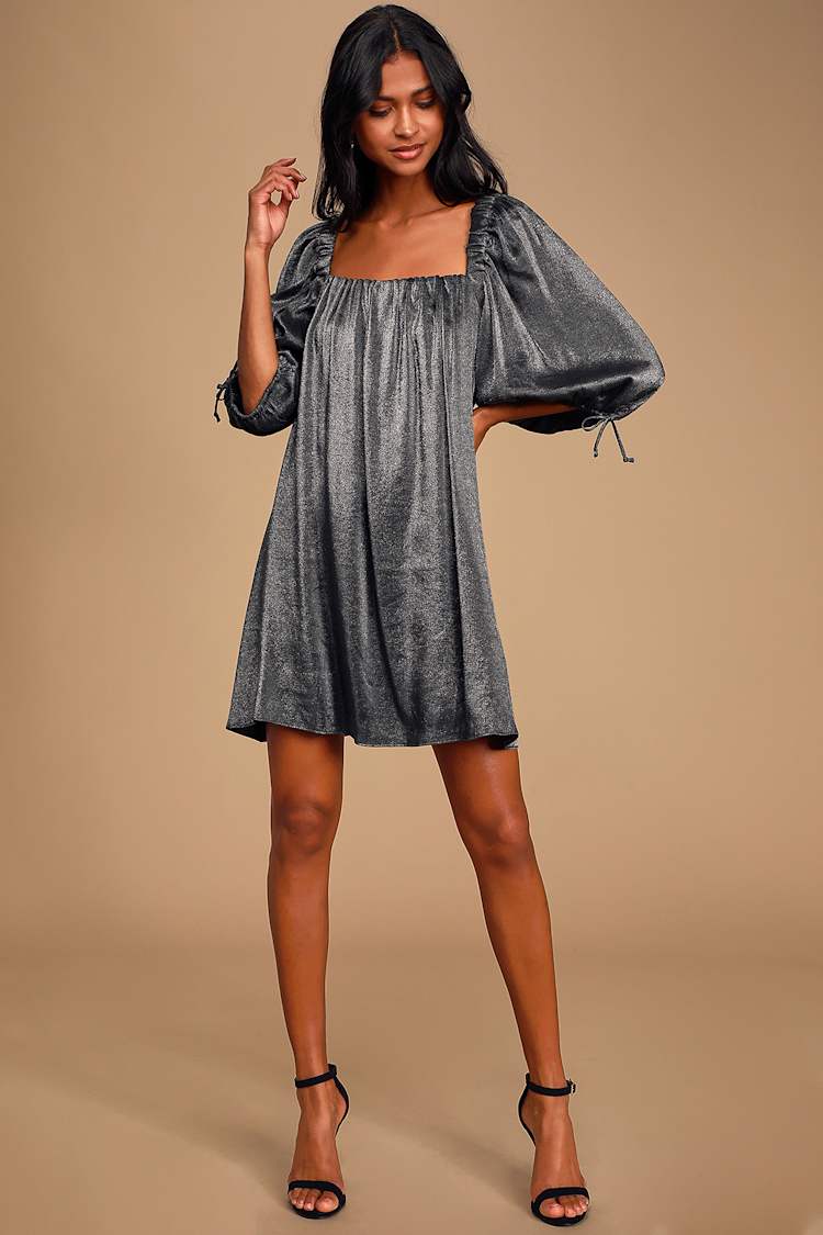 charcoal grey shift dress Liquid Organza Shift Dress w/ Pleat Neck 10 / Charcoal XN