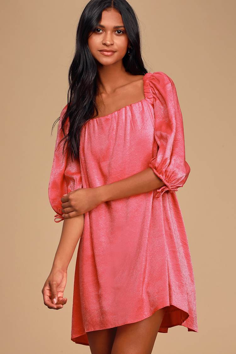 Free People Mara - Pink Puff Sleeve Mini Dress - Shift Dress - Lulus