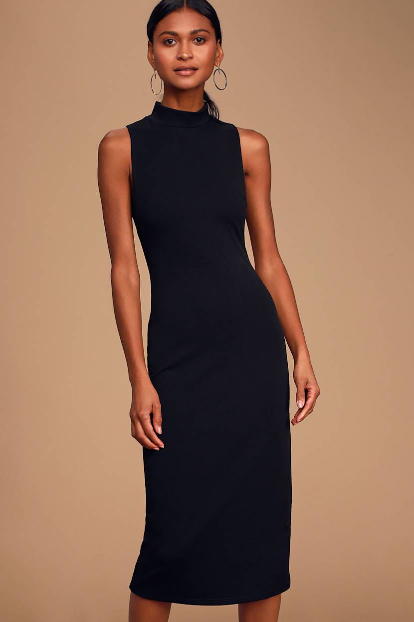 Black Sleeveless Dress - Bodycon Midi Dress - Mock Neck Dress - Lulus