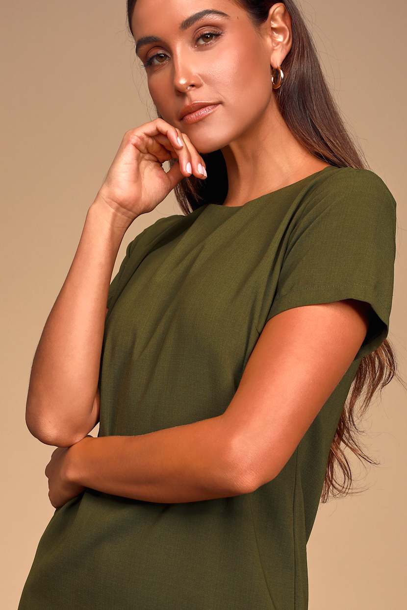 Chic Olive Green Dress - Shift Dress - Short Sleeve Dress - Lulus