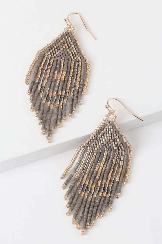 Grey and Gold Earrings - Beaded Earrings - Beaded Tassel Earrings