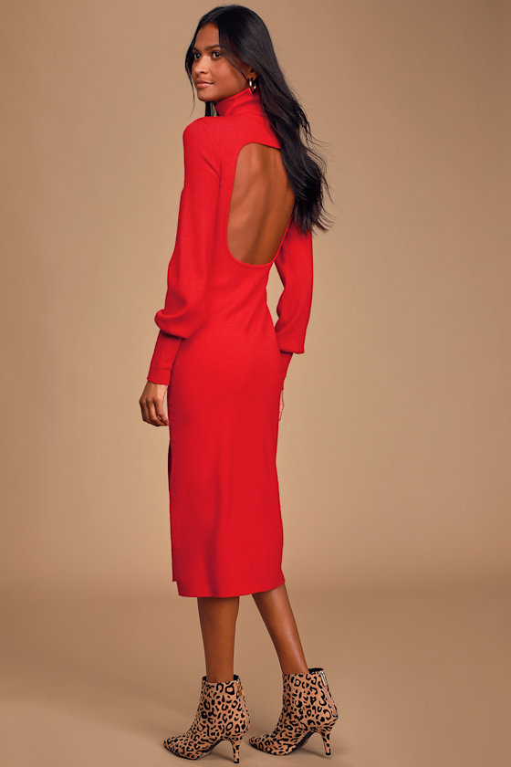 Taking Sides Red Backless Turtleneck Midi Sweater Dress 6