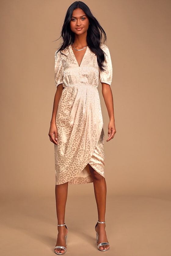 Boldly You Cream Leopard Print Satin Puff Sleeve Midi Dress 1