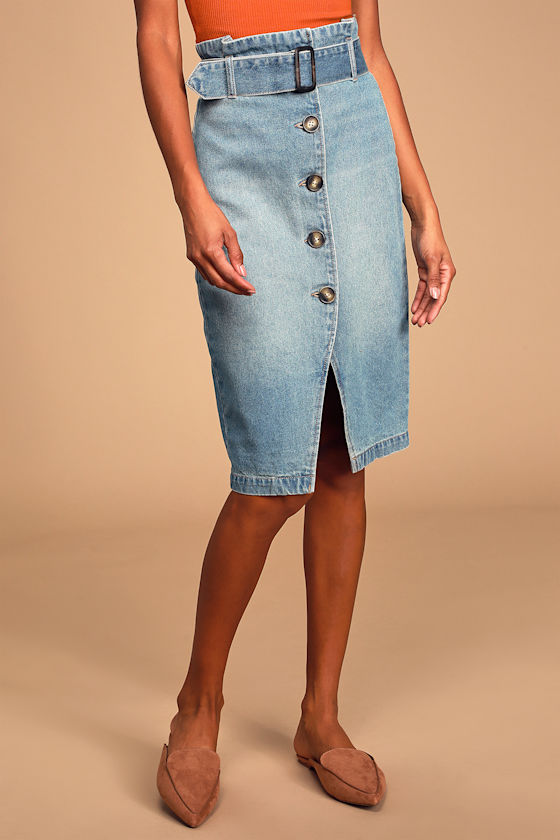 Light Wash Denim Midi Skirt