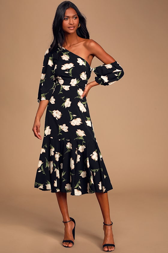 Florally in Love Black Floral Print Asymmetrical Midi Dress 1