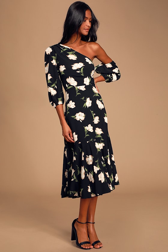 Florally in Love Black Floral Print Asymmetrical Midi Dress 2