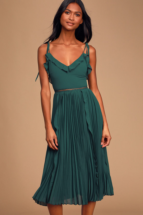 emerald green one shoulder pleated detail midi dress