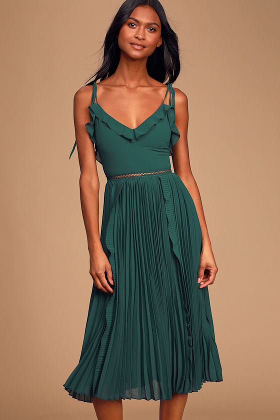 Never a Dull Moment Emerald Green Pleated Tie-Strap Midi Dress 2