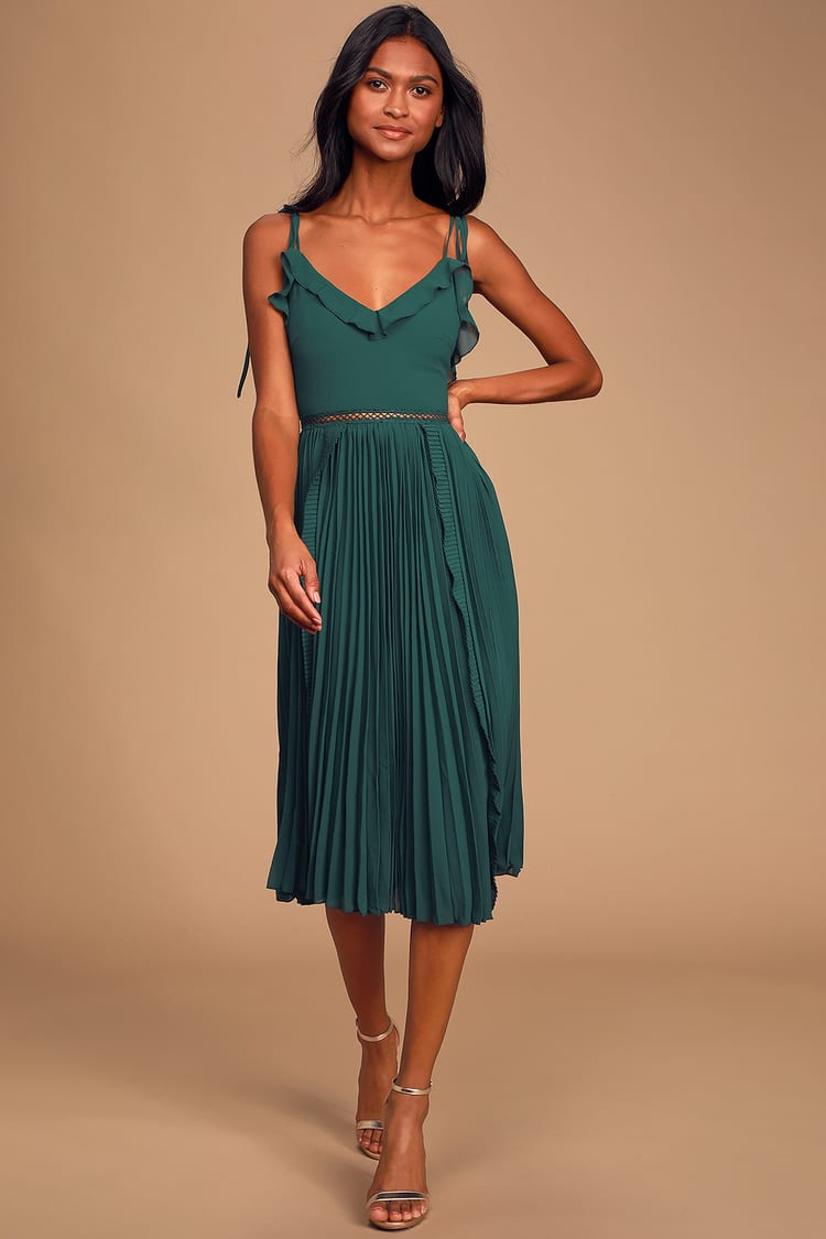 Cute Green Dress Tie-Strap Dress - Pleated Dress - Midi Dress - Lulus