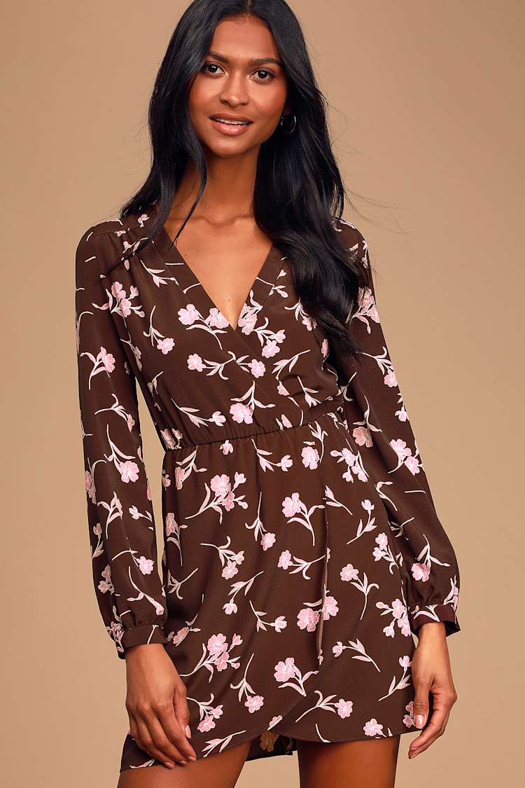 Brown Floral Print Dress - Long Sleeve Dress - Faux-Wrap Dress - Lulus