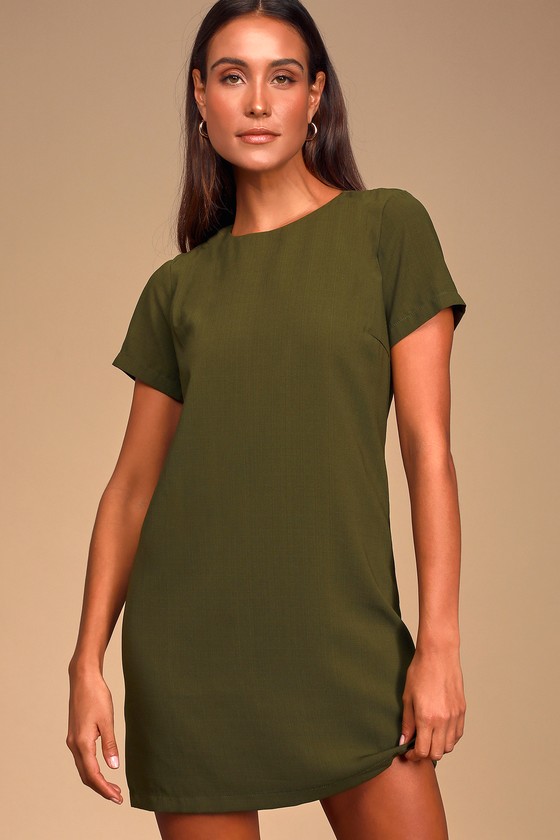 Chic Olive Green Dress - Shift Dress - Short Sleeve Dress - Lulus