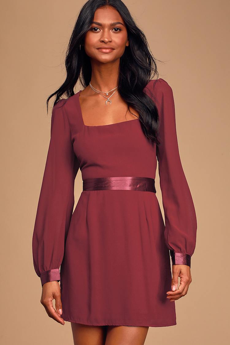 princess polly baby blue dress Lovely Burgundy Dress - Long Sleeve Dress - Square Neck Dress