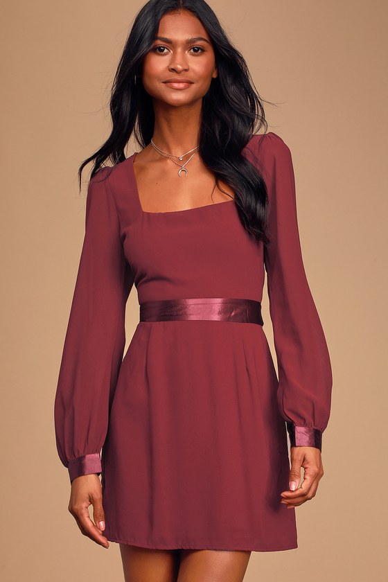 Lovely Burgundy Dress - Long Sleeve Dress - Square Neck Dress - Lulus