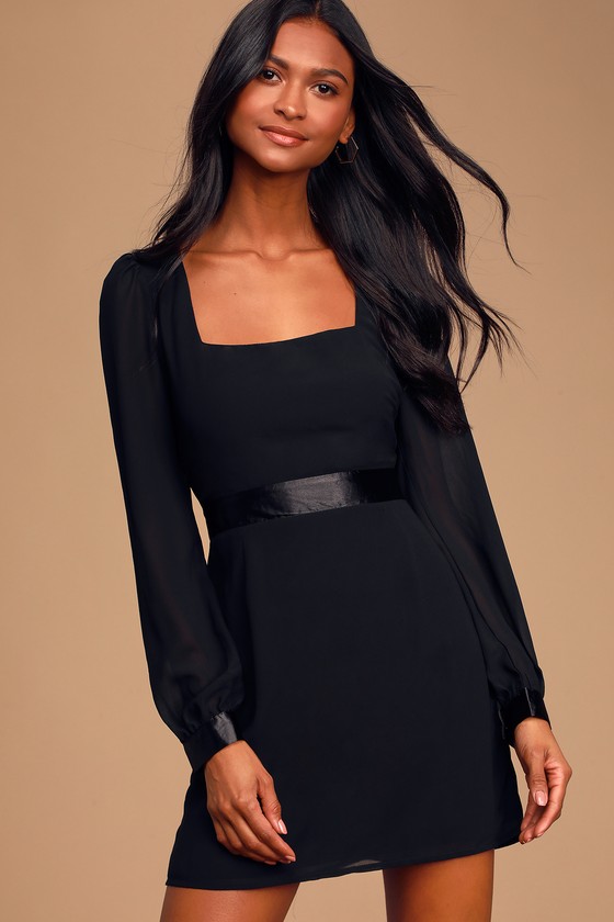 Lovely Black Dress - Long Sleeve Dress - Square Neck Mini Dress - Lulus