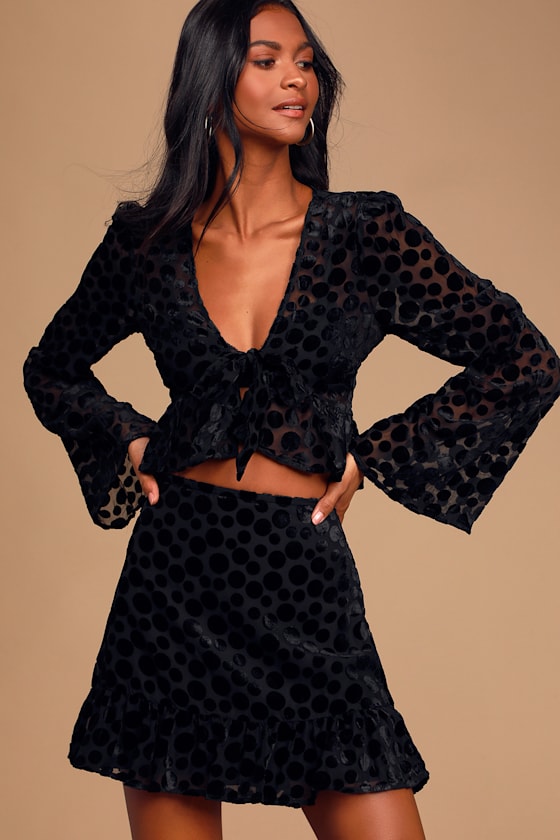 You Got This Black Velvet Polka Dot Ruffled Mini Skirt 1