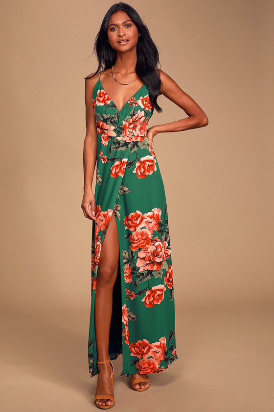 Chic Dark Green Floral Print Dress - Wrap Dress - Maxi Dress - Lulus