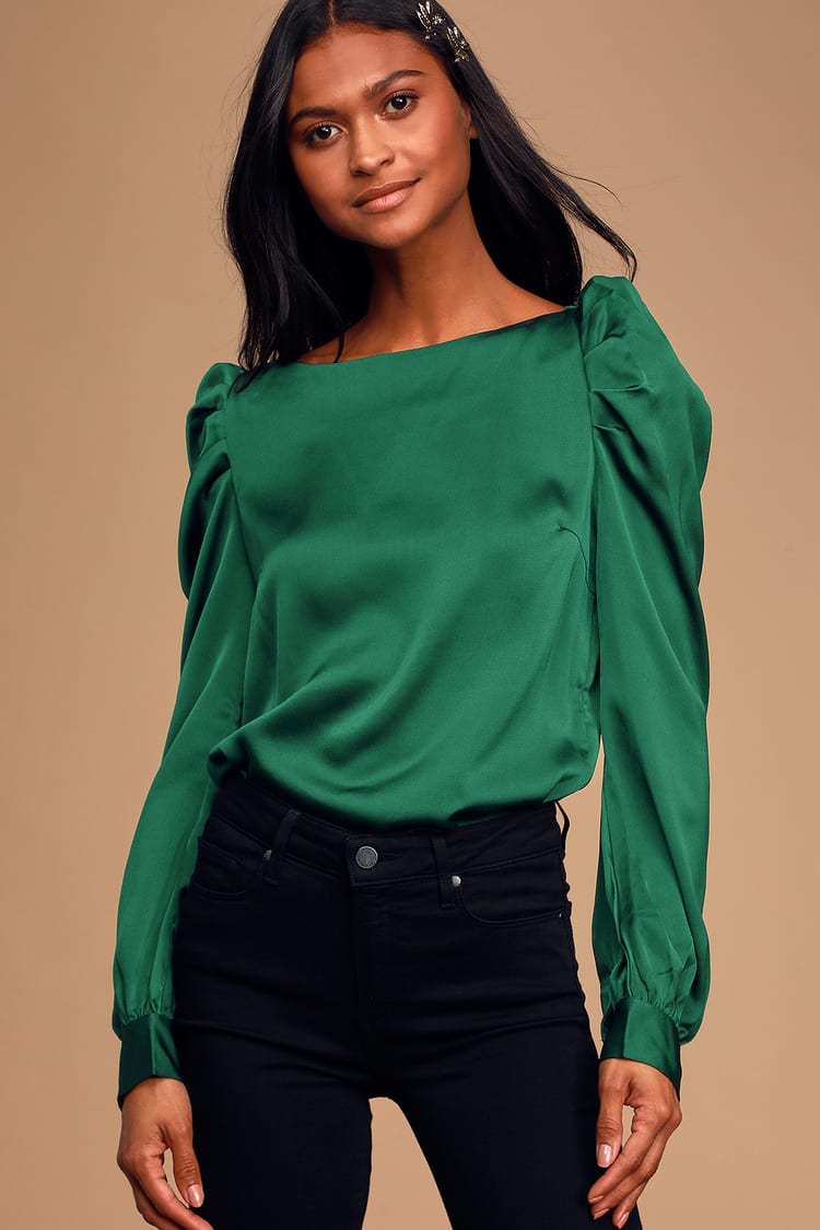 Forest Green Satin - Puff Shoulder Top Sleeve Blouse - Lulus