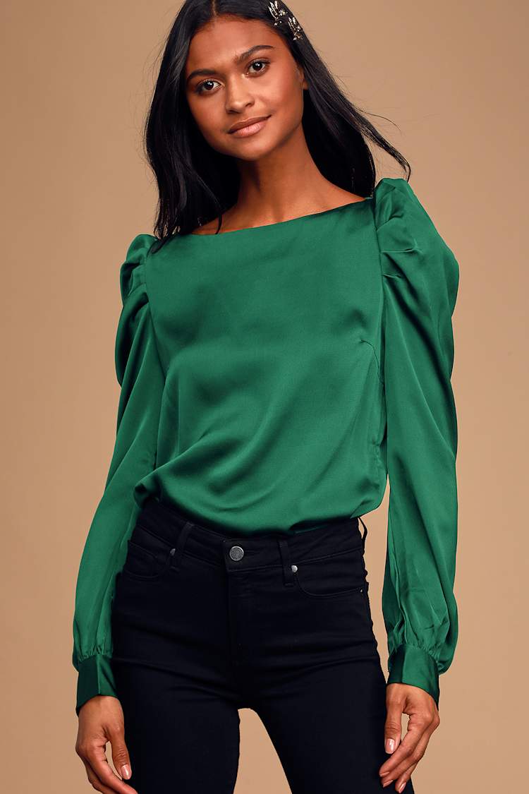 smag udluftning Regeneration Forest Green Satin Top - Puff Shoulder Top - Long Sleeve Blouse - Lulus