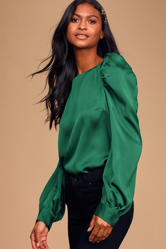 Forest Green Satin Top Puff Shoulder Top Long Sleeve Blouse Lulus
