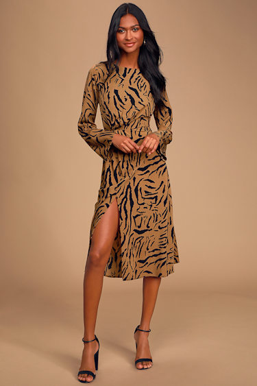 Chic Tiger Print Dress Midi Dress Long Sleeve Dress Lulus