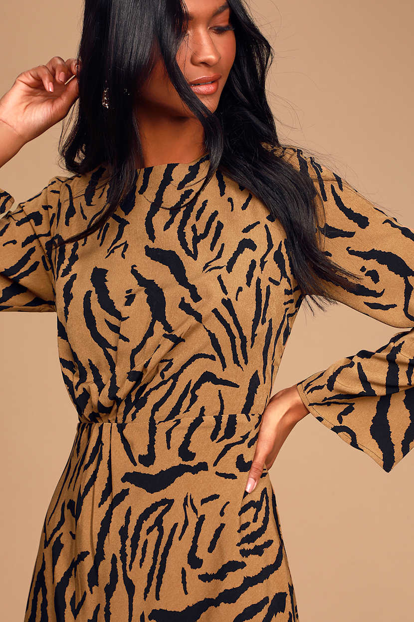 Chic Tiger Print Dress - Midi Dress - Long Sleeve Dress - Lulus