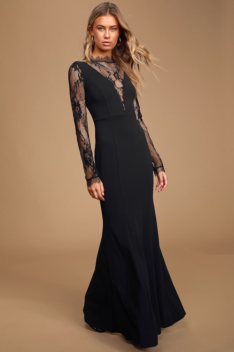 chinese dress ladies Illusion Lace A-Line Black Satin Long Sleeves Wedding Dress, Bridal Go –  cherishgirls