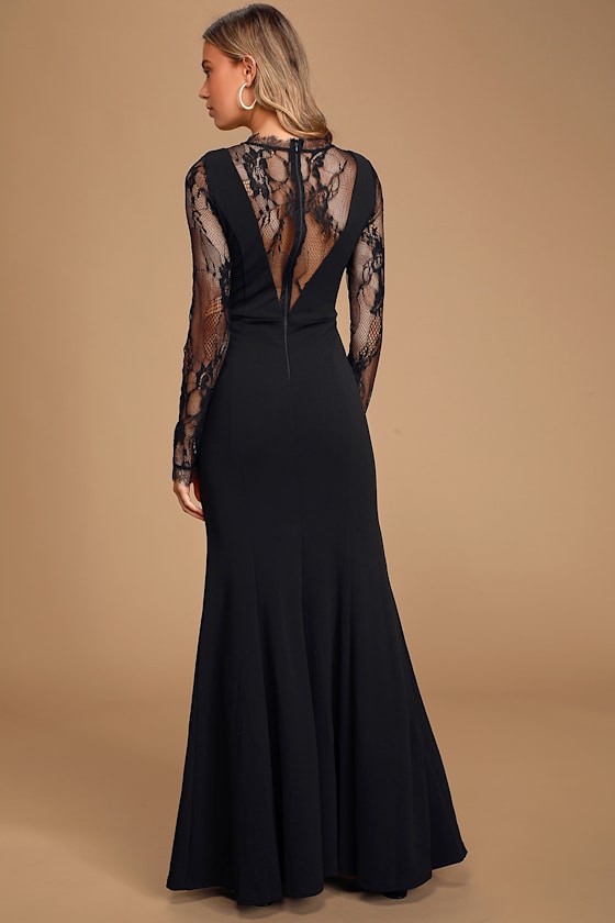 Sexy Black Lace Dress Illusion Neck Maxi Mermaid Maxi Dress