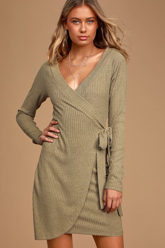 Chic Olive Green Dress - Ribbed Knit Dress - Wrap Dress - Lulus