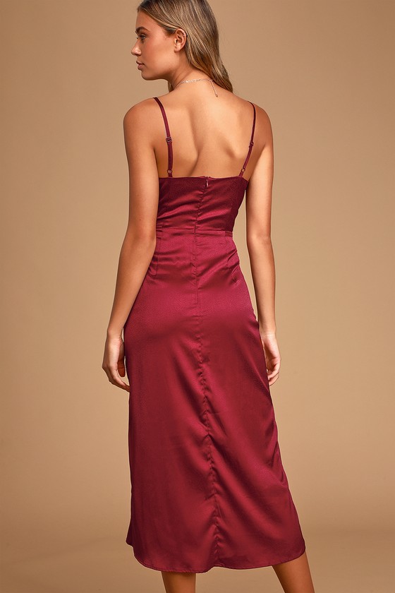 Burgundy Satin Dress - High-Low Midi Dress - Pleated Satin Dress - Lulus