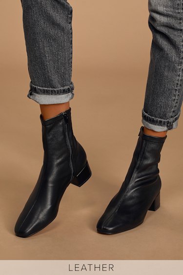 Square Toe Black Leather Sock Boots Low Heel OFFICE Approval Low