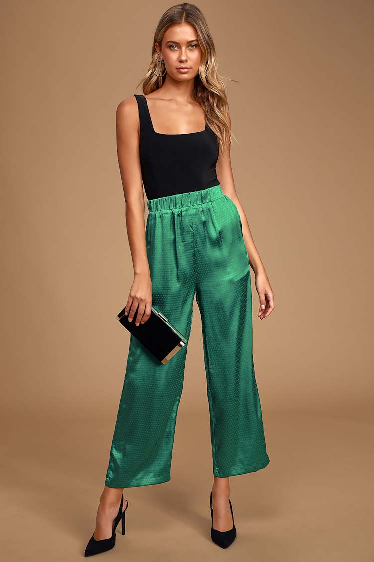 Emerald Green Pants - Wide-Leg Satin Pants - Polka Dot Pants - Lulus