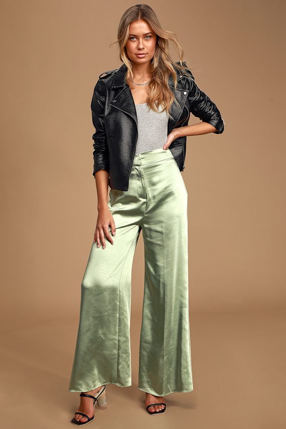 Thea Sage Green Satin Wide-Leg Trouser Pants 6