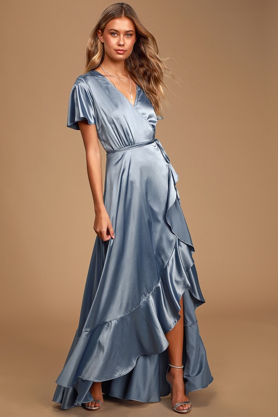 Love Of Your Life Dusty Blue Satin Ruffled Wrap Maxi Dress