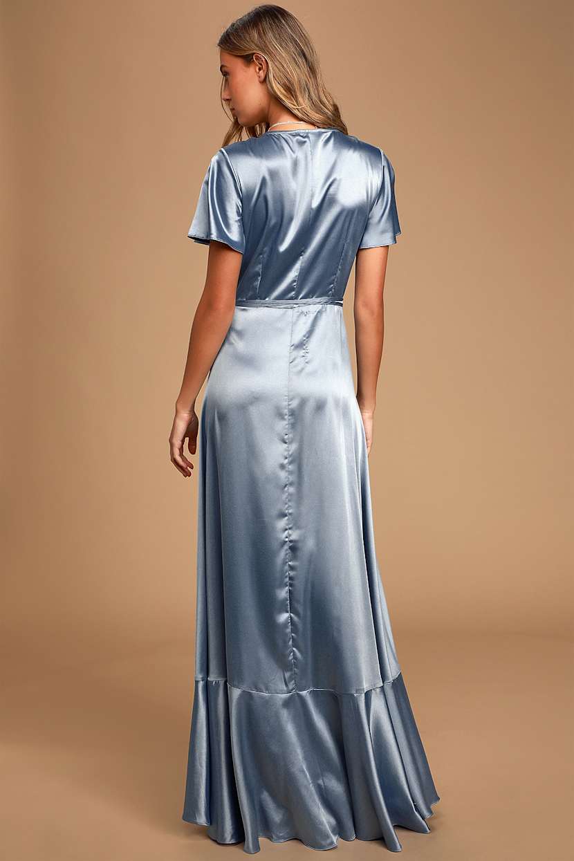 dusty blue dress lulus Dusty Blue Cross-Back Plunge V Ruffle Maxi Prom Dress