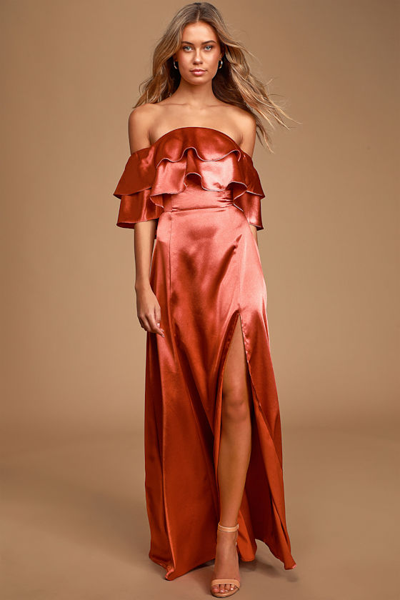 Pure Happiness Rust Orange Satin Off-the-Shoulder Maxi Dress 1