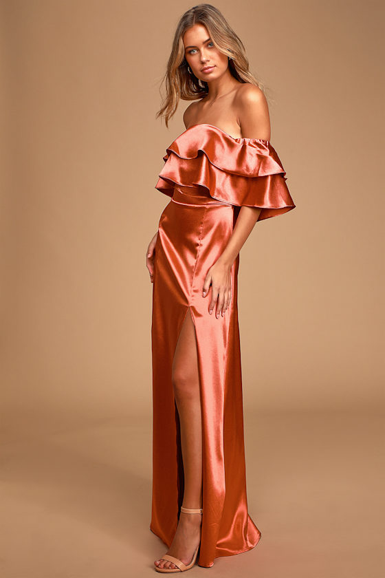 Pure Happiness Rust Orange Satin Off-the-Shoulder Maxi Dress 2