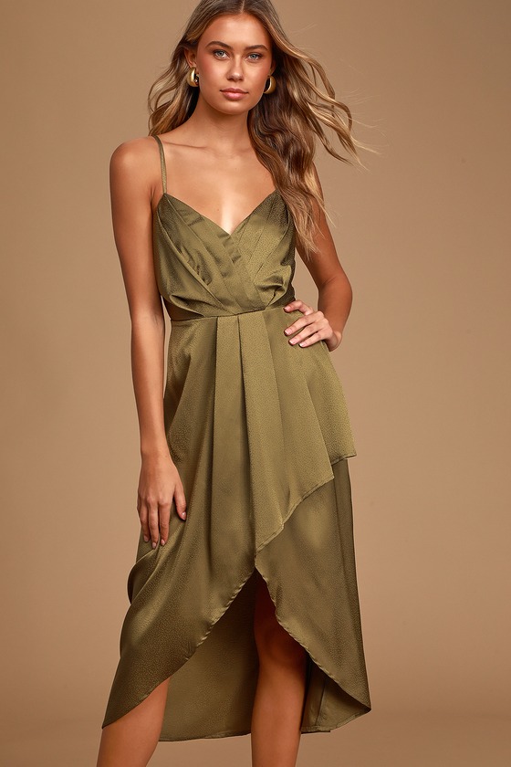 Olive Green Satin Dress HighLow Midi Dress Pleated Dress Lulus