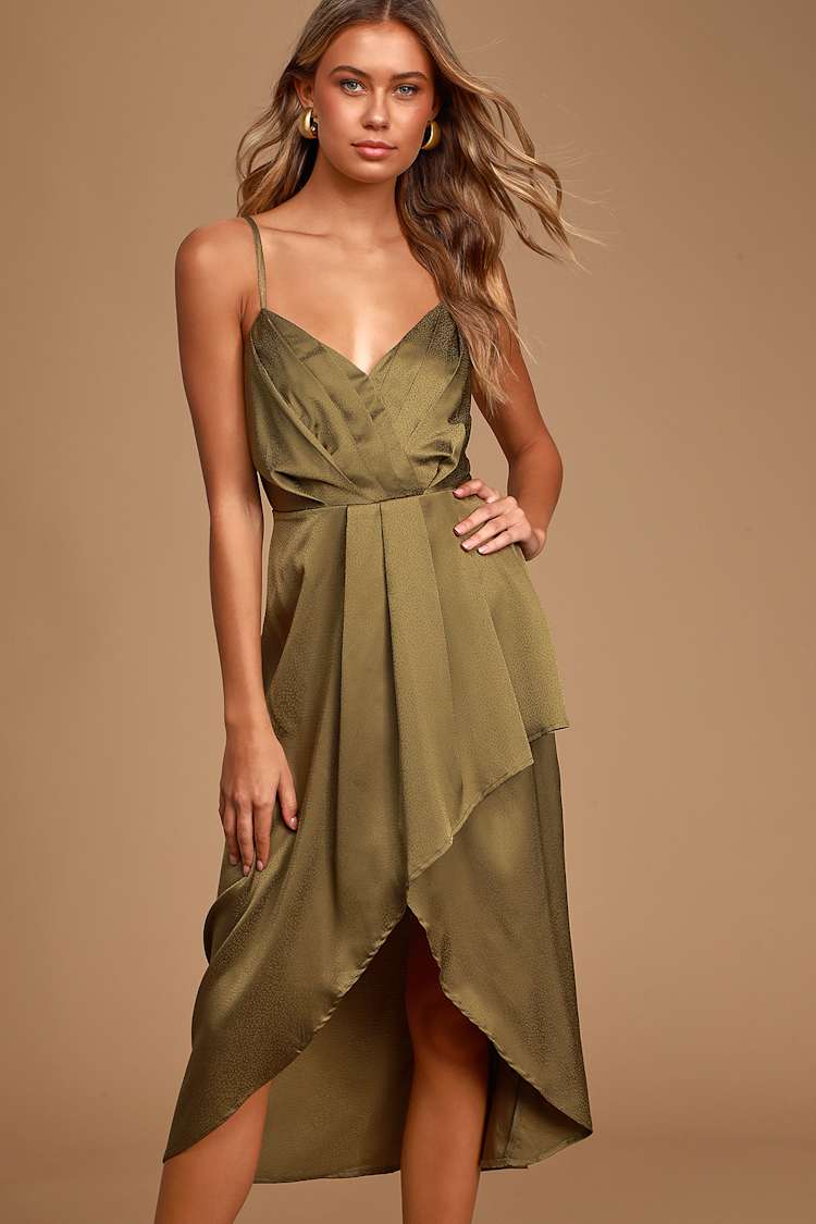 Olive Green Satin Dress - High-Low Midi Dress - Pleated Dress - Lulus