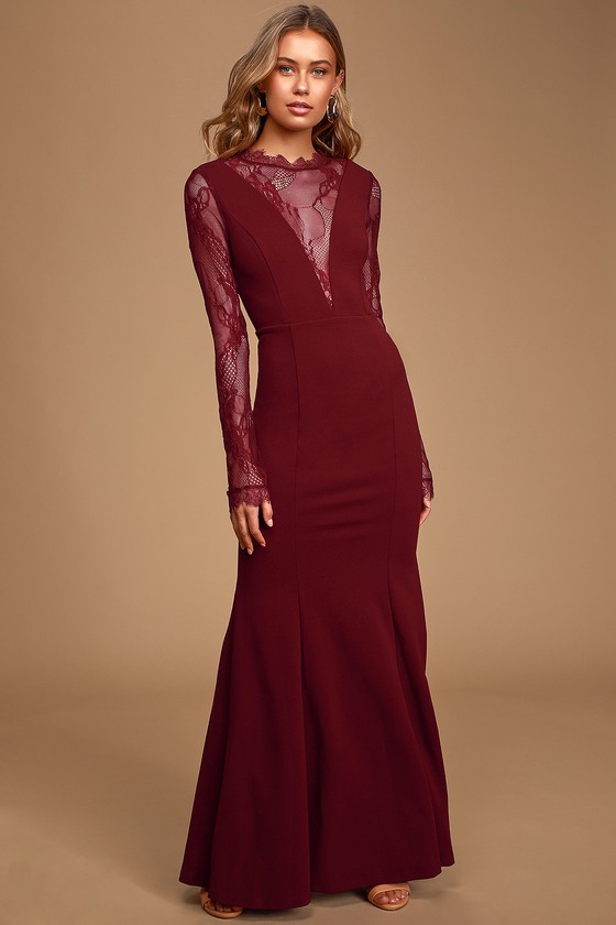 Lovely Ever After Burgundy Lace Long Sleeve Mermaid Maxi Dress