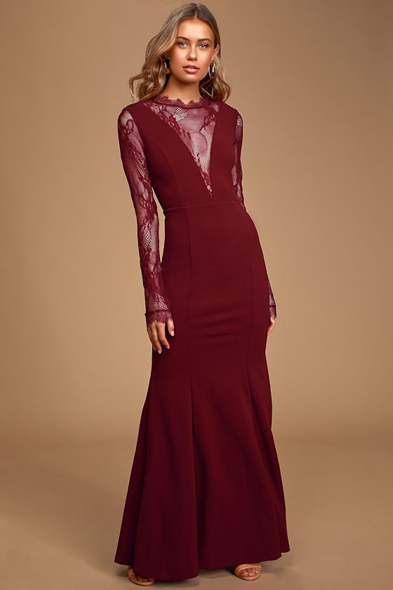 Lovely Ever After Burgundy Lace Long Sleeve Mermaid Maxi Dress 2