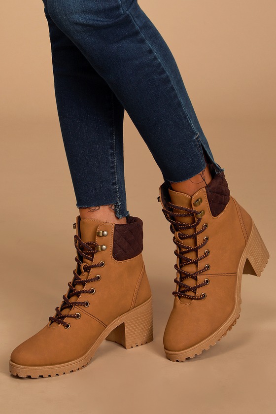 Cute Tan Nubuck Boots - Lace-Up Boots 
